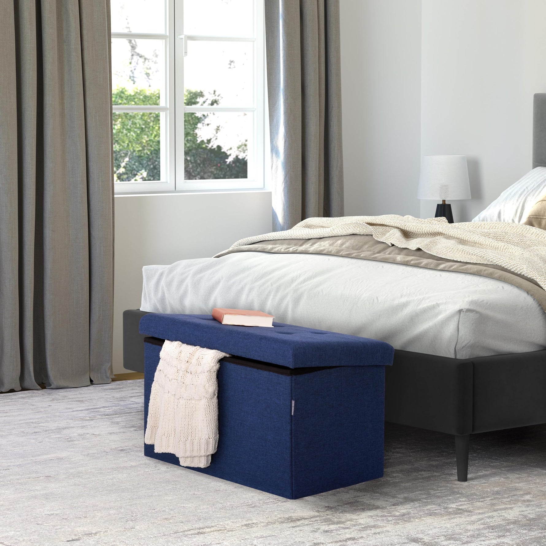 Seville Classics Cushioned Fabric Ottoman Hidden Storage Chest Footrest Chair, Padded Seat for Bedroom, Dorm, Loft, Living Room, Entryway, Hallway, Blue Velvet, 30" Bench