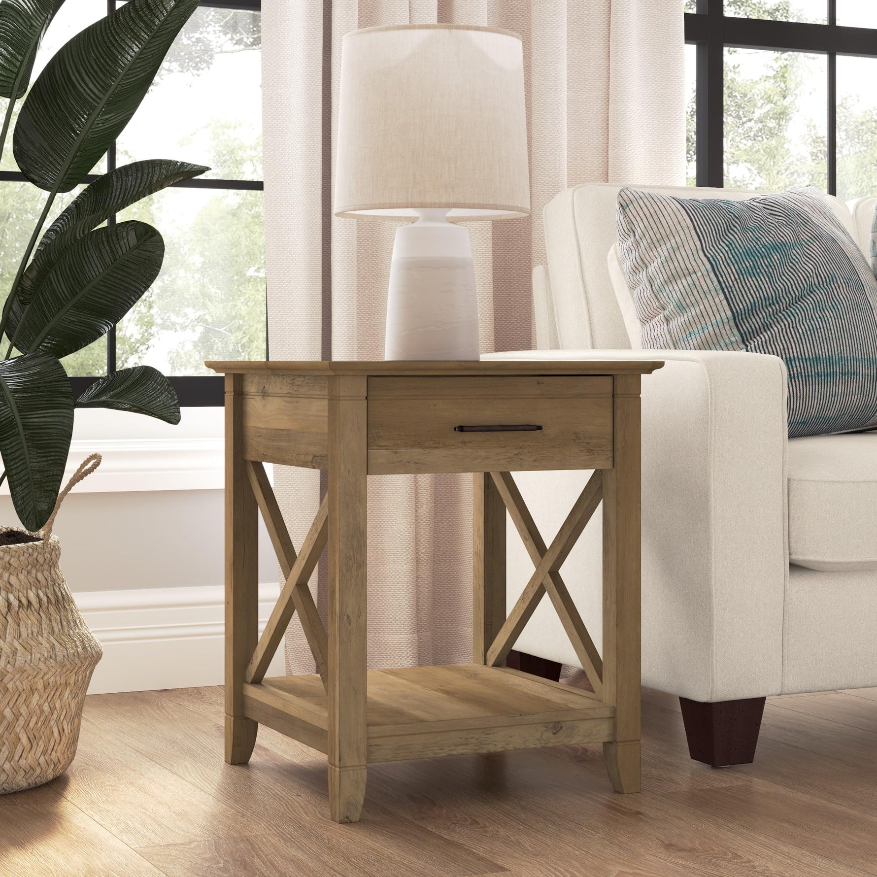 Bush Home End Table with Drawer, Nightstand with Storage, Living Room and Bedroom Furniture, Key West Collection, Washed Gray