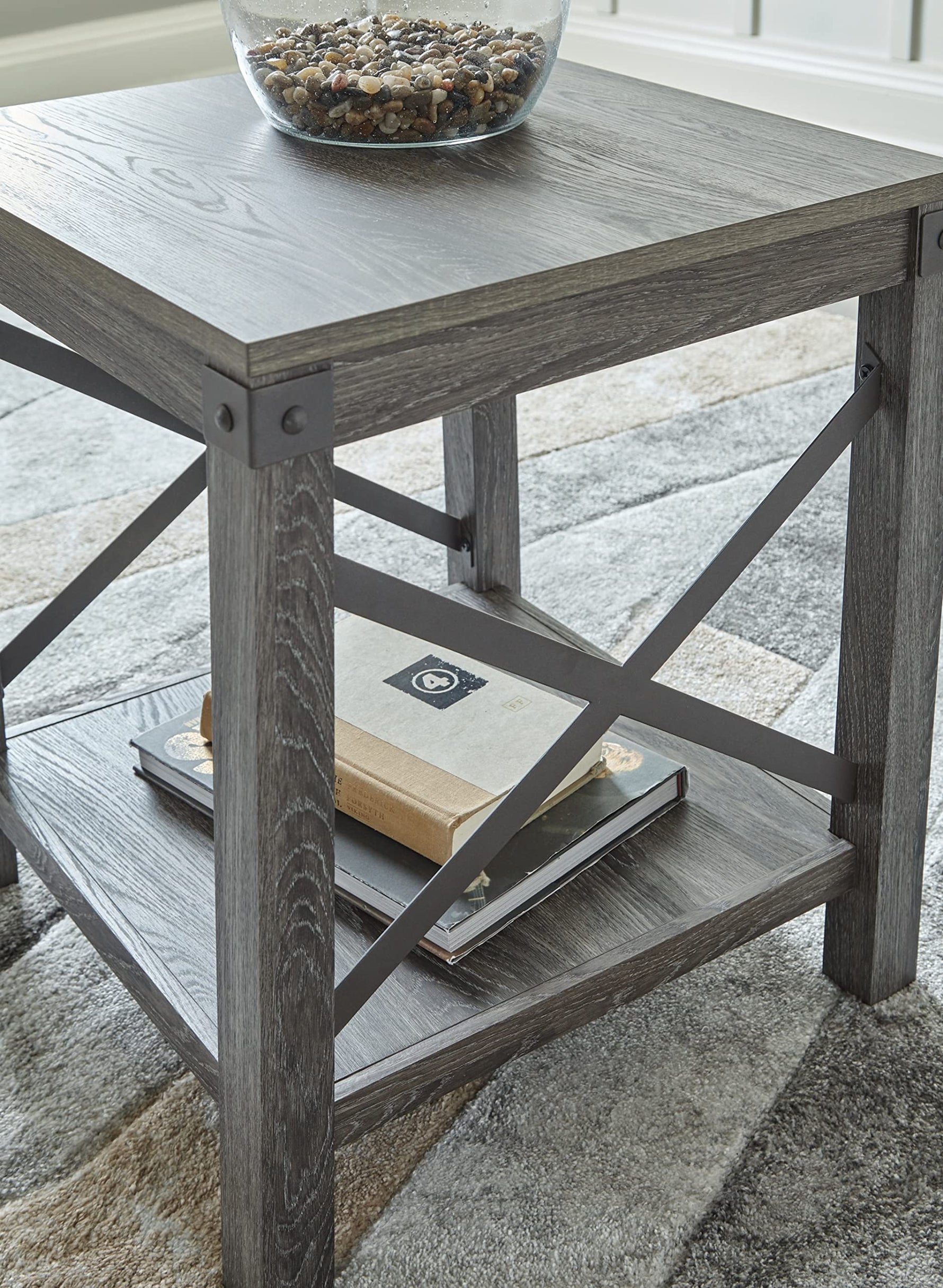 Signature Design by Ashley Aldwin Casual Farmhouse Rectangular End Table with Crossbuck Details, Metal Bracket Accents, Wood, 25" High, Weathered Gray
