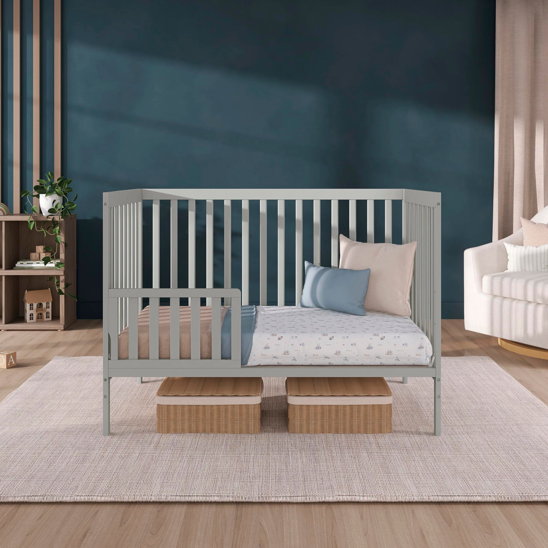 Dream On Me Synergy 5-in-1 Convertible Full-Size Baby Crib with Toddler, Day & Full Bed Conversion in White, GreenGuard Gold & BSA, 3 Mattress Heights, Sustainable Pinewood