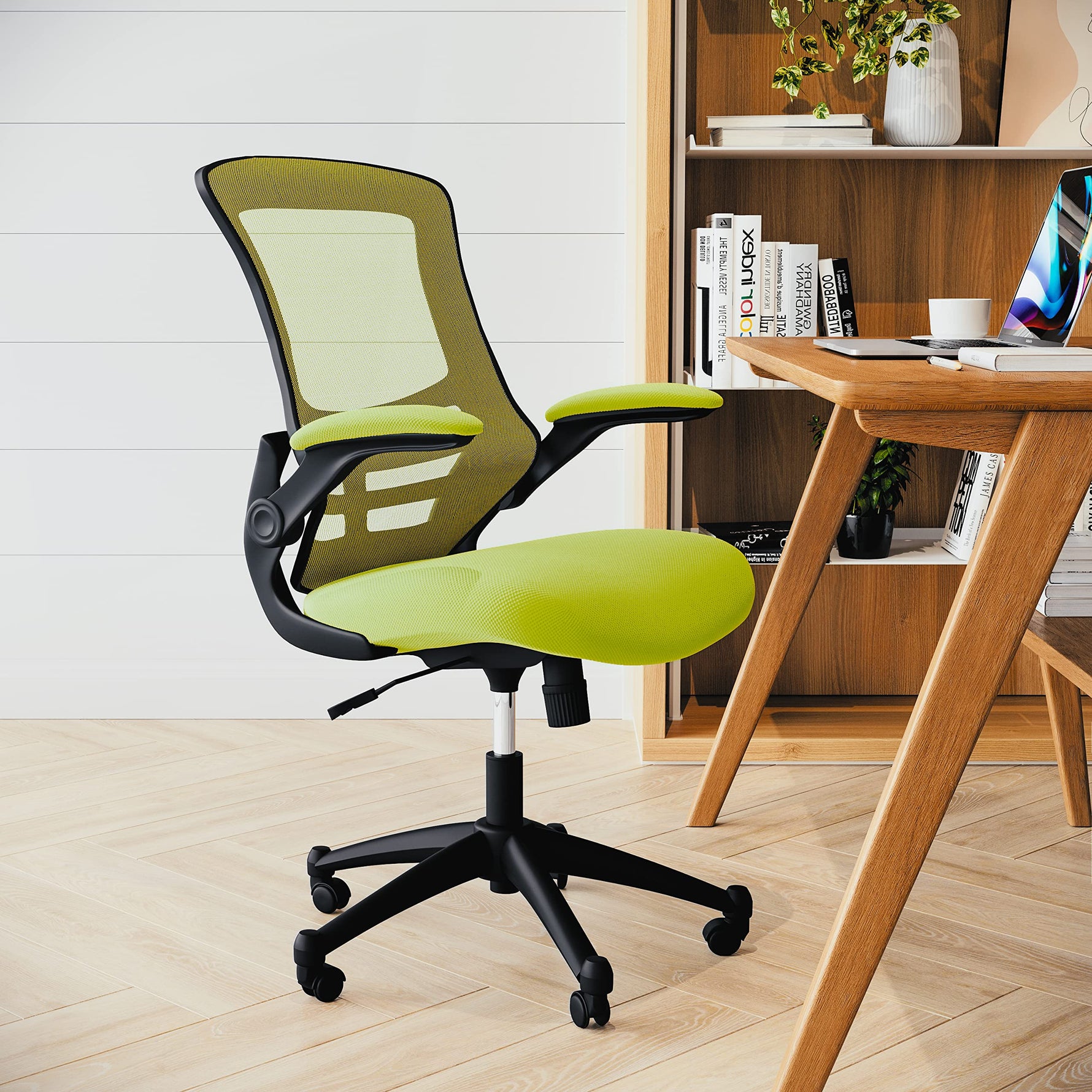 Flash Furniture Kelista Mid-Back Swivel Office Chair with Adjustable Seat Height, Ergonomic Mesh Desk Chair with Flip-Up Armrests, Black
