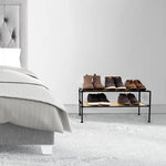 3-Tier Stackable 1" Slat Steel Frame Shoe Rack, 27.25"W x 12.75"D, Espresso | Interlocking modular design maximizes storage while the sturdy steel frame holds up to 12 pairs of shoes (Patented Design)