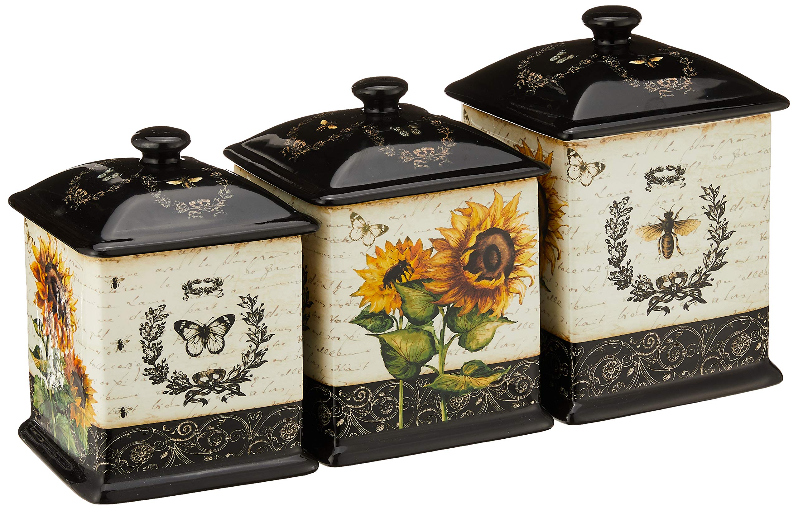 Certified International French Sunflowers Canister Set, Set of 3 Ceramic Kitchen Storage Jars with Lids, Vintage Sunflower Decor, Floral Bee Butterfly Design, 56/60/96 oz