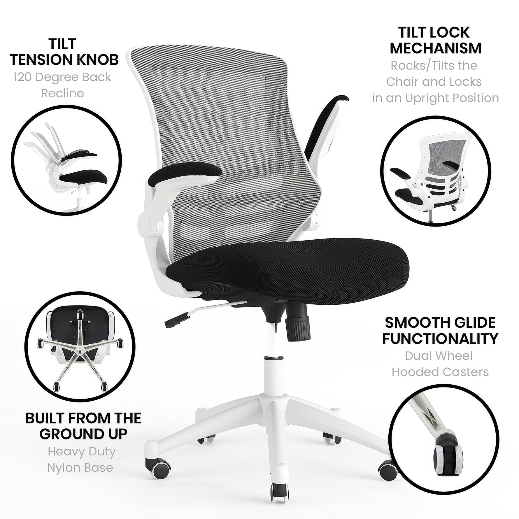 Flash Furniture Kelista Mid-Back Swivel Office Chair with Adjustable Seat Height, Ergonomic Mesh Desk Chair with Flip-Up Armrests, Black