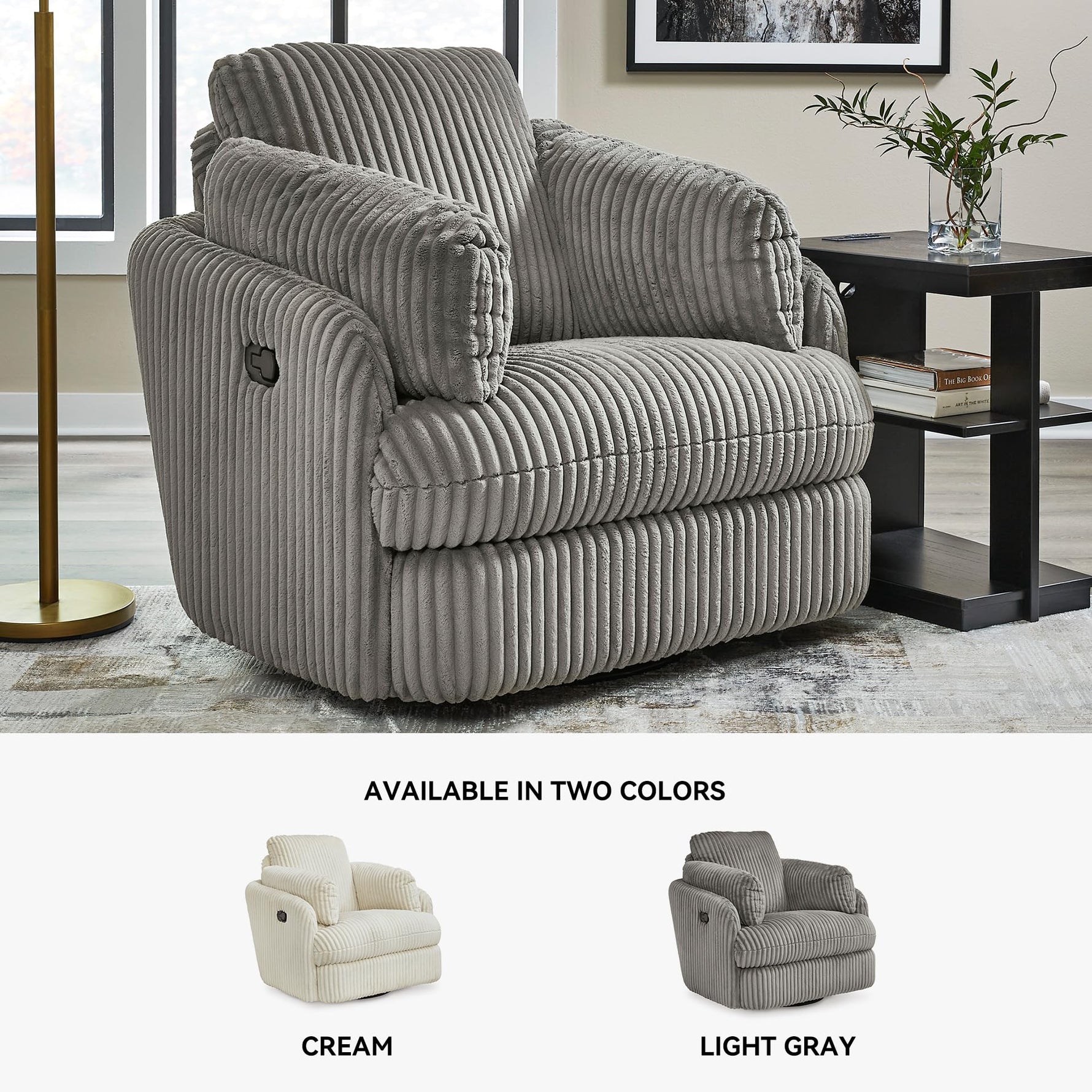 Signature Design by Ashley Tie-Breaker Swivel Glider Recliner, 2 Bolster Pillows, Hidden Storage, Fabric Upholstery, 41.38" W x 40.25" D x 39.75" H, Light Gray