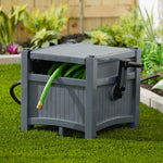 Suncast Garden Hose Hideaway Storage Reel Box, Cyberspace Grey – Resin Outdoor Container, Holds up to 100 Feet of 5/8 Inch Standard Vinyl Water Line – No Assembly Required