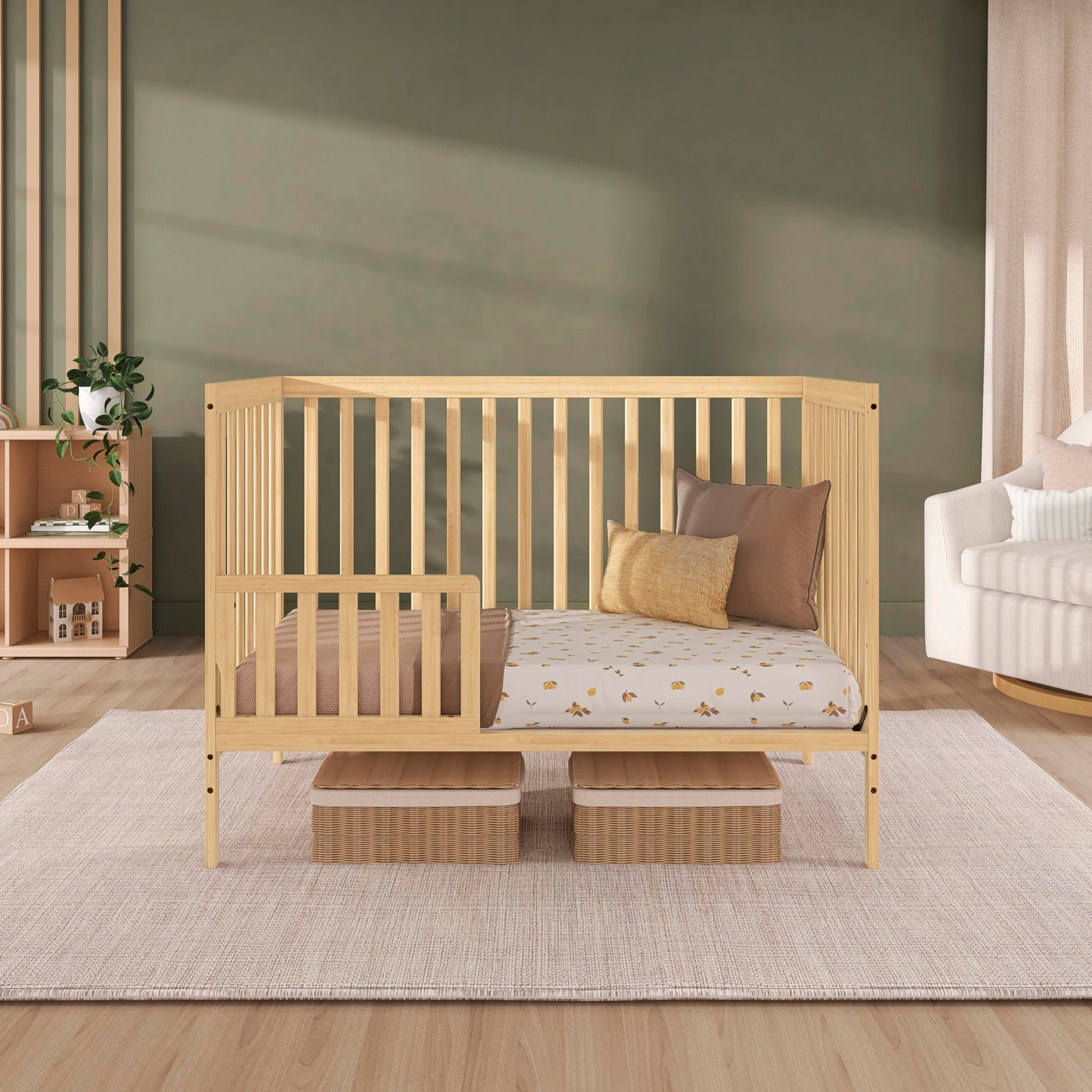 Dream On Me Synergy 5-in-1 Convertible Full-Size Baby Crib with Toddler, Day & Full Bed Conversion in White, GreenGuard Gold & BSA, 3 Mattress Heights, Sustainable Pinewood