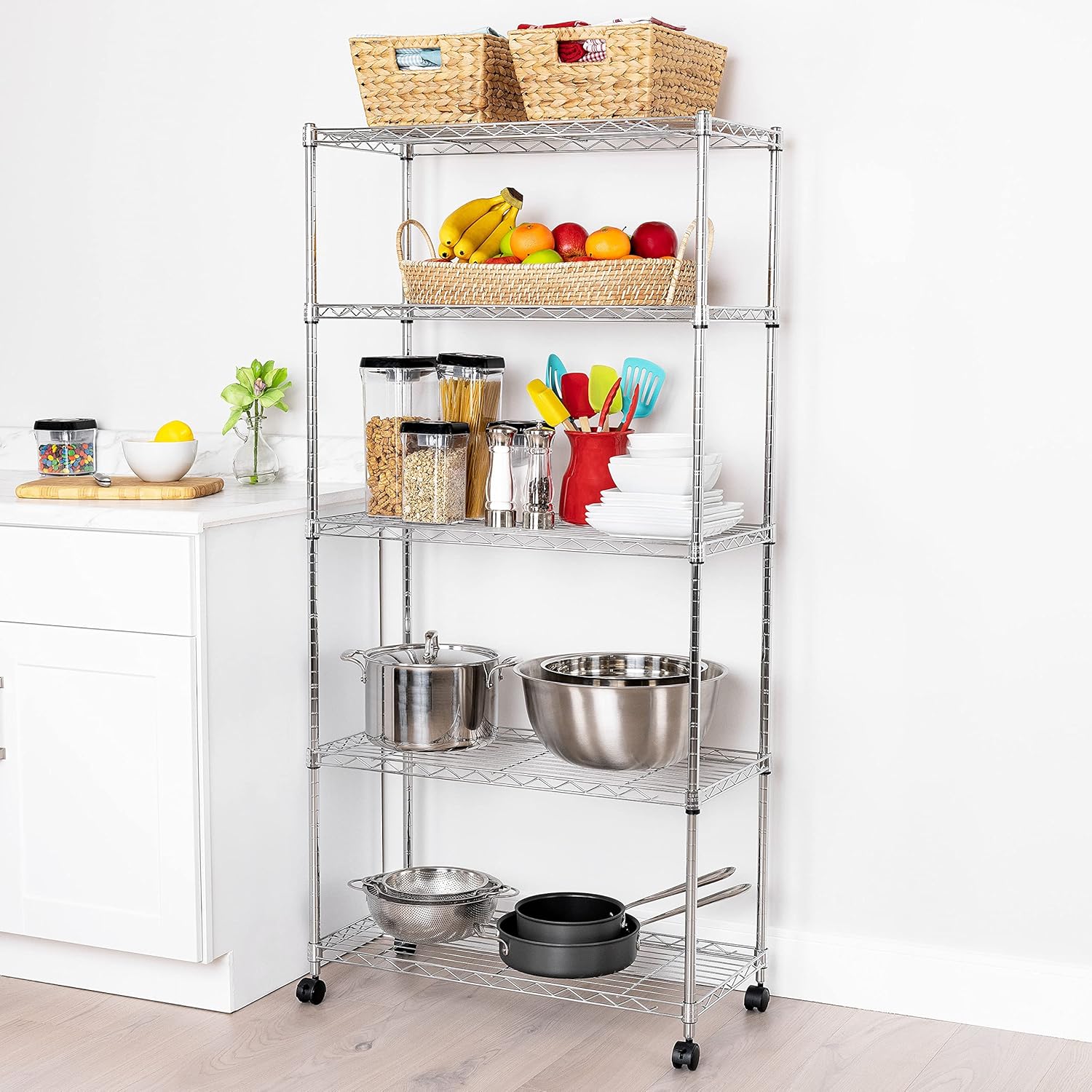 5-Tier Steel Wire Shelving, 30"W x 14"D x 61.5"H | Durable solid steel wire storage rack with adjustable shelves featuring 300 pounds per shelf weight capacity for home use