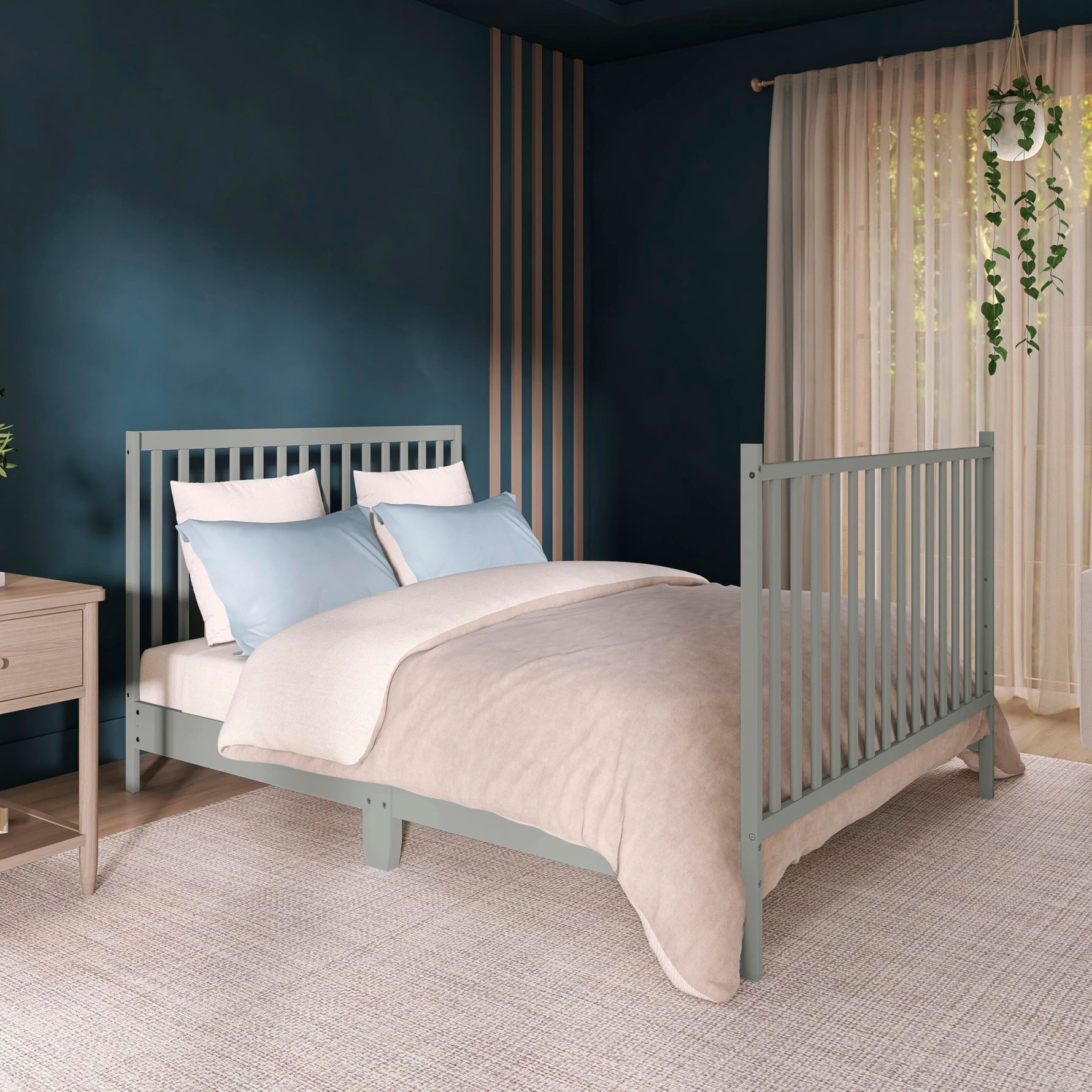 Dream On Me Synergy 5-in-1 Convertible Full-Size Baby Crib with Toddler, Day & Full Bed Conversion in White, GreenGuard Gold & BSA, 3 Mattress Heights, Sustainable Pinewood