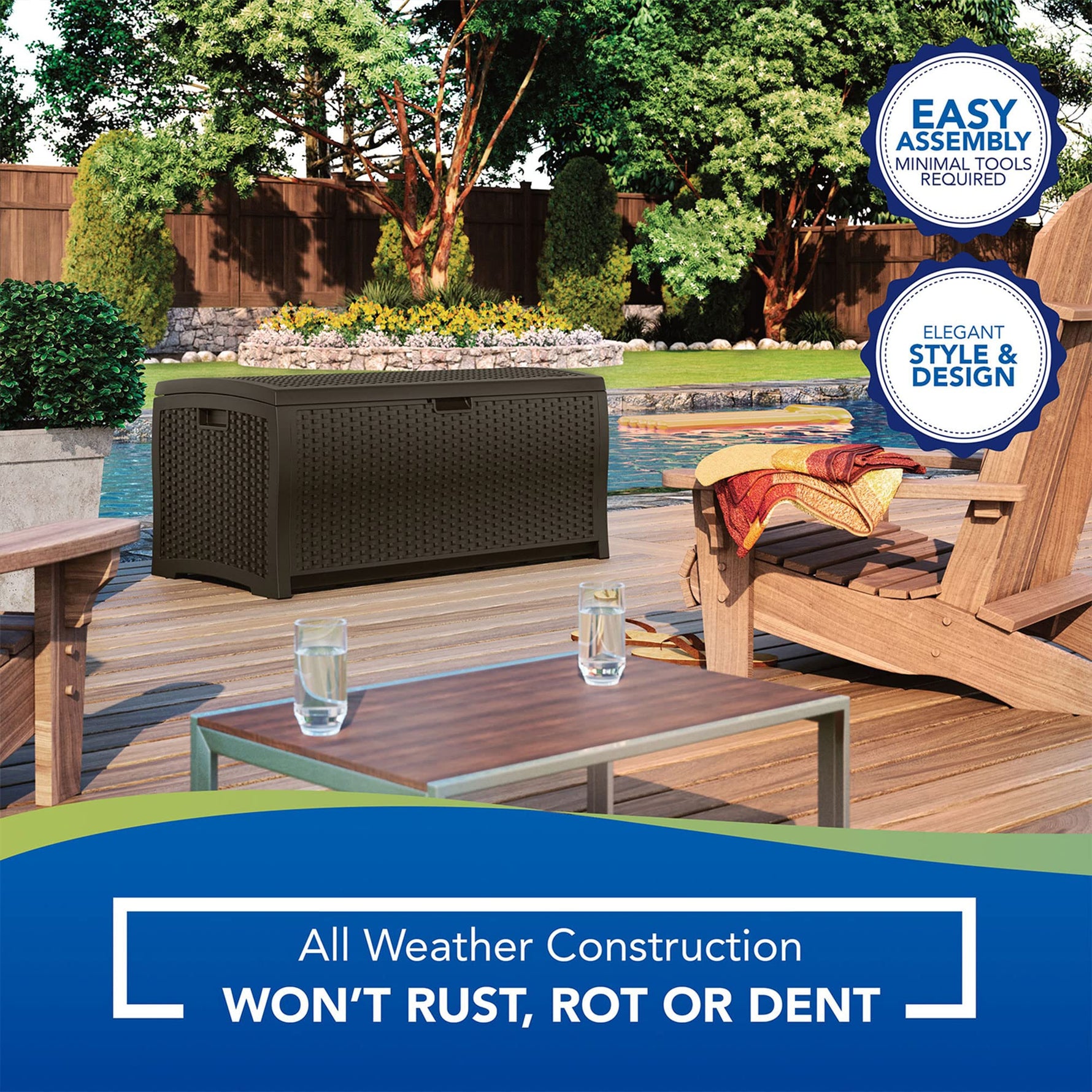 Suncast Outdoor Storage Box - 73 Gallon Mocha Brown Deck Box for Patio, weather-resistant Outdoor Storage Bench, Resin Wicker Style, Heavy-Duty, Lockable Lid for Cushions, Shoes, Pool & Garden Gear