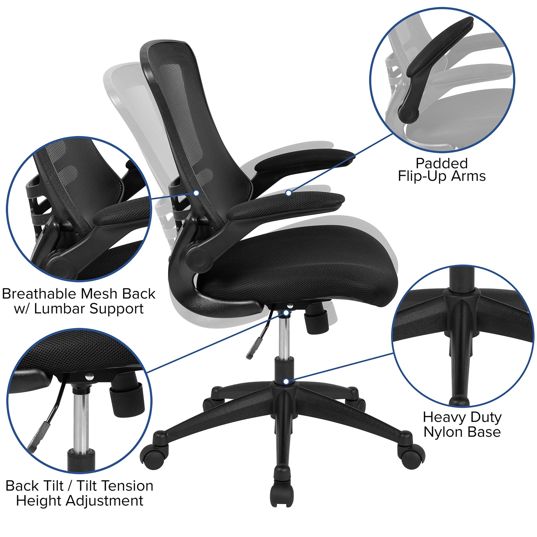 Flash Furniture Kelista Mid-Back Swivel Office Chair with Adjustable Seat Height, Ergonomic Mesh Desk Chair with Flip-Up Armrests, Black