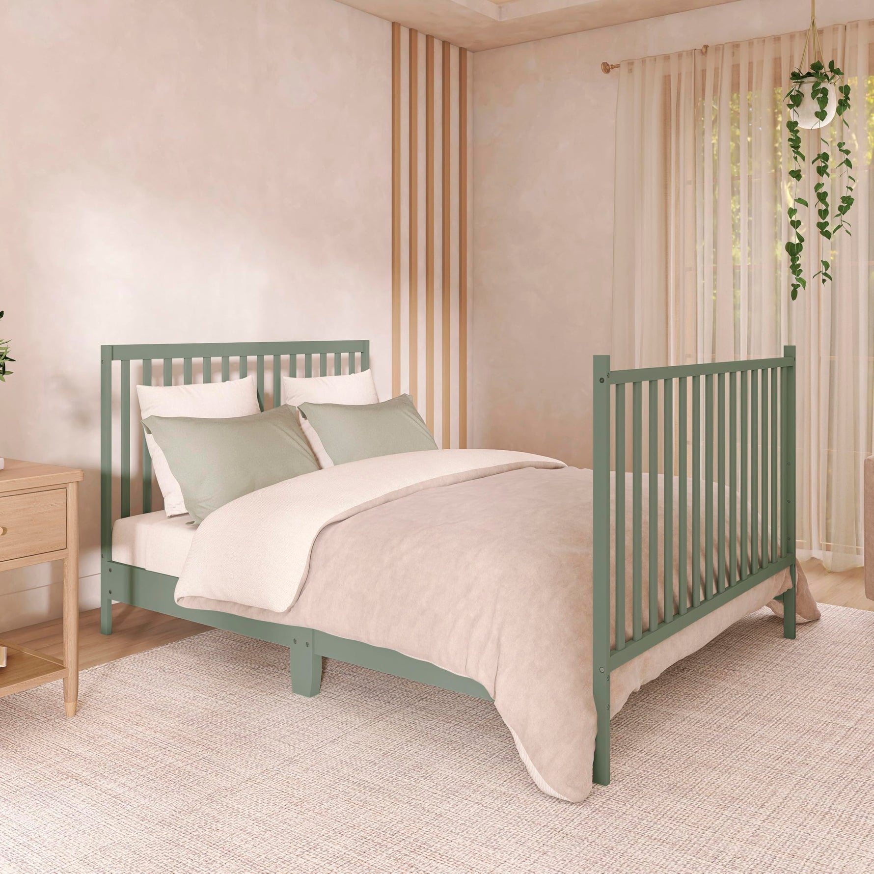 Dream On Me Synergy 5-in-1 Convertible Full-Size Baby Crib with Toddler, Day & Full Bed Conversion in White, GreenGuard Gold & BSA, 3 Mattress Heights, Sustainable Pinewood