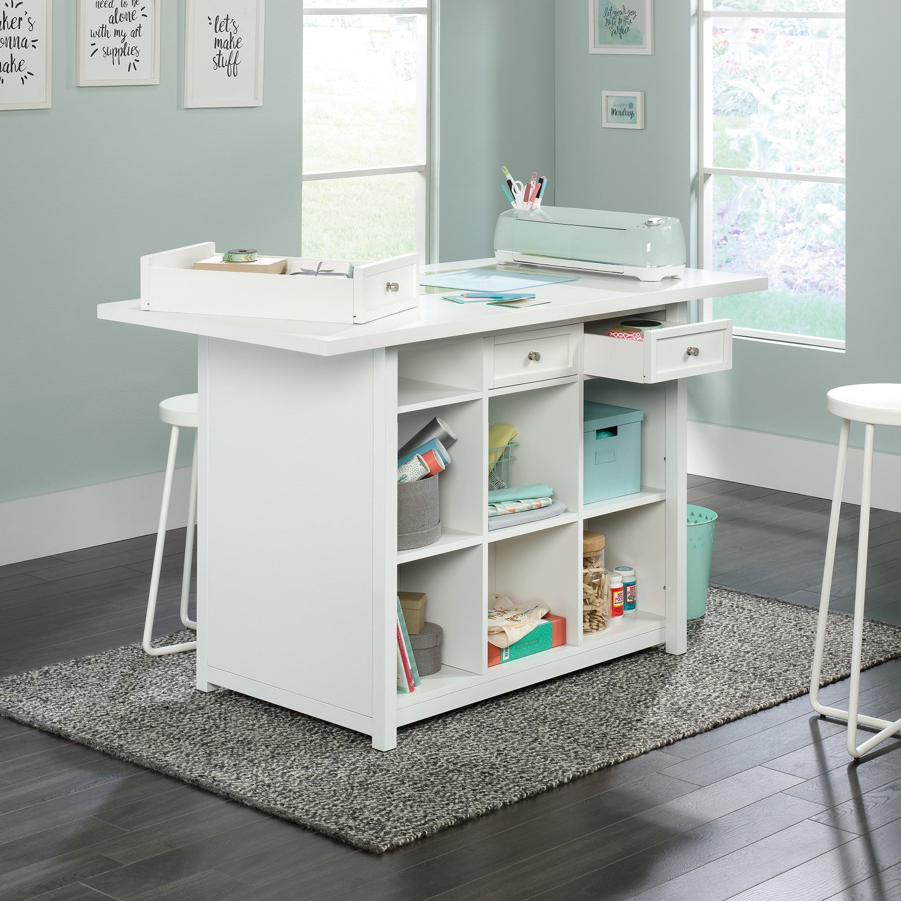 Sauder Craft Pro Series Durable Craft Work Table with Storage/Pantry cabinets, Mystic Oak Finish