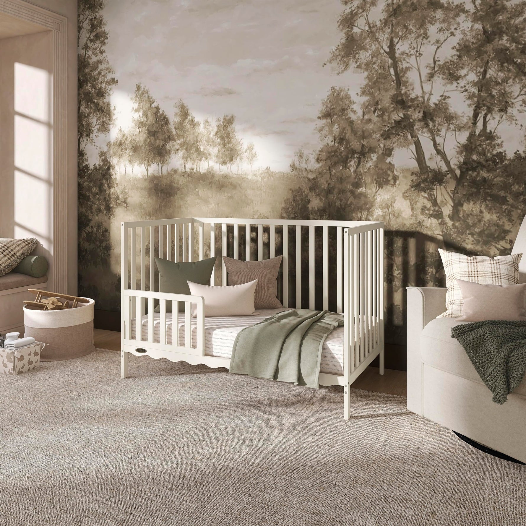 Dream On Me Synergy 5-in-1 Convertible Full-Size Baby Crib with Toddler, Day & Full Bed Conversion in White, GreenGuard Gold & BSA, 3 Mattress Heights, Sustainable Pinewood