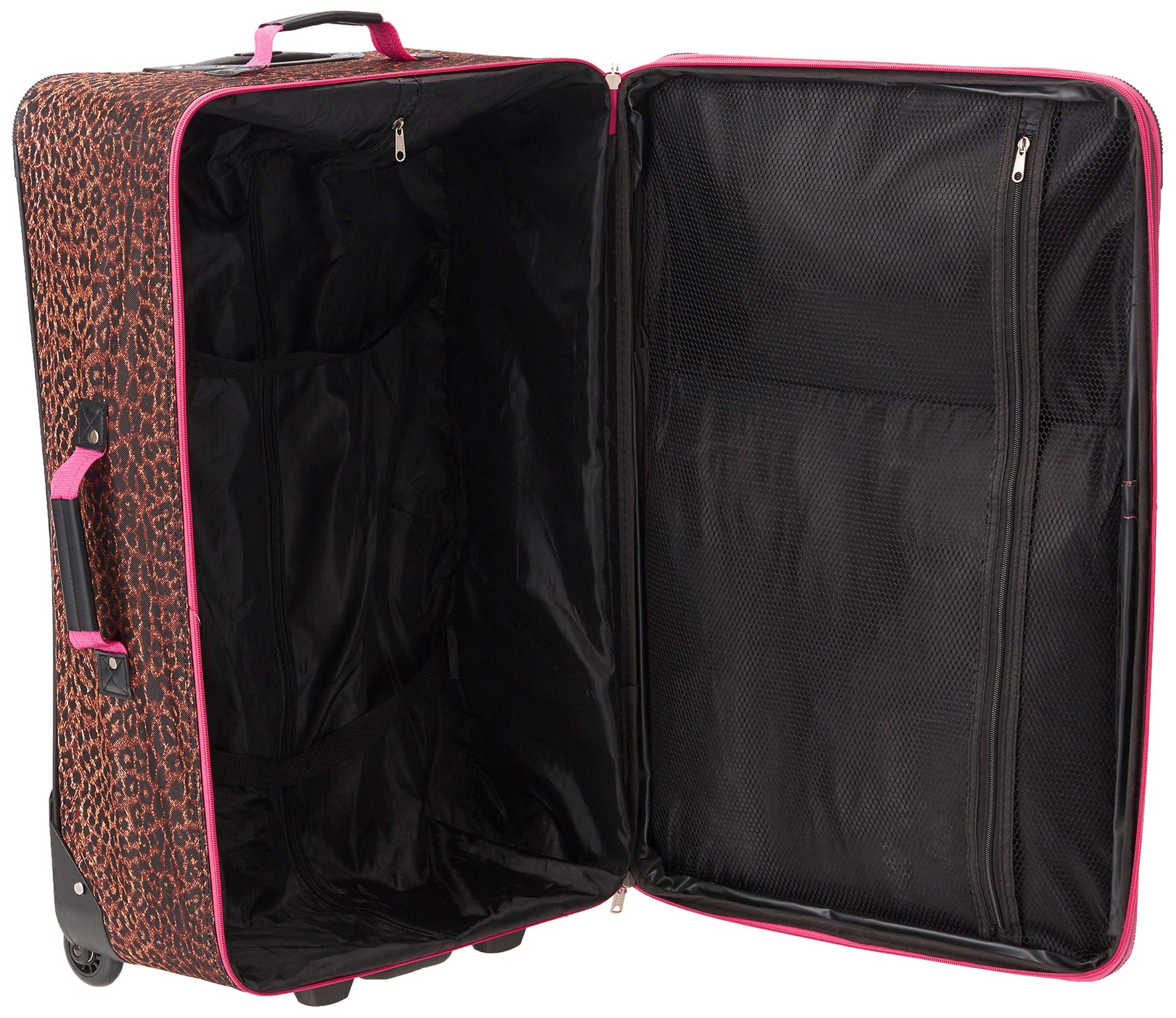 Rockland Vara Softside 3 Piece Upright Luggage Set, Expandable, (20"/28"/22" Rolling Duffel), Pink Leopard