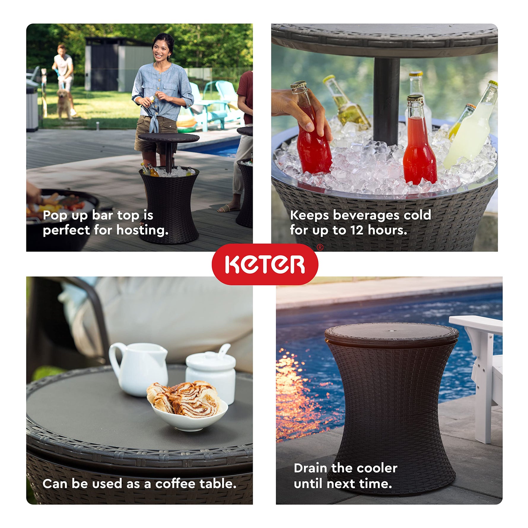 Keter Pacific Cool Bar Outdoor Patio Furniture and Hot Tub Side Table with 7.5 Gallon Beer and Wine Cooler, Espresso Brown