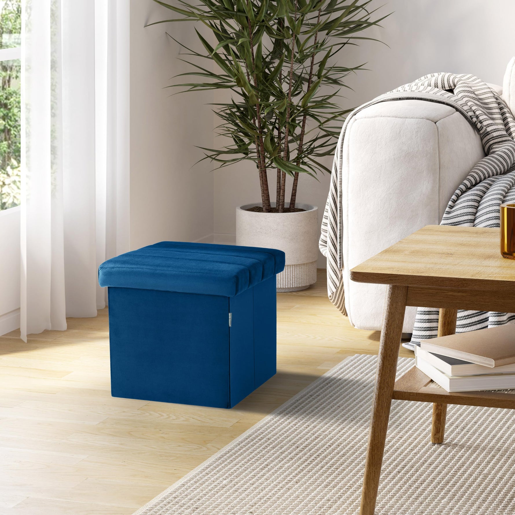 Seville Classics Cushioned Fabric Ottoman Hidden Storage Chest Footrest Chair, Padded Seat for Bedroom, Dorm, Loft, Living Room, Entryway, Hallway, Blue Velvet, 30" Bench