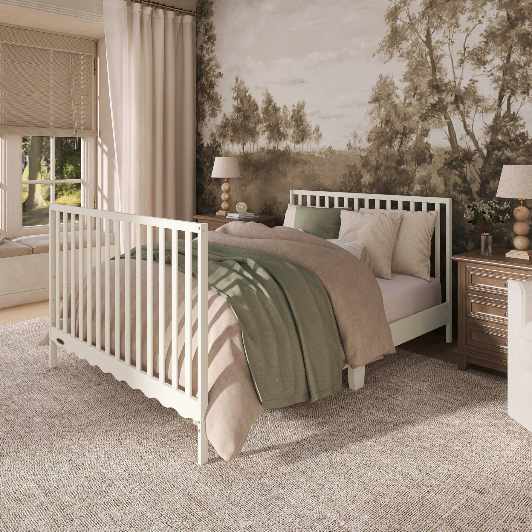 Dream On Me Synergy 5-in-1 Convertible Full-Size Baby Crib with Toddler, Day & Full Bed Conversion in White, GreenGuard Gold & BSA, 3 Mattress Heights, Sustainable Pinewood