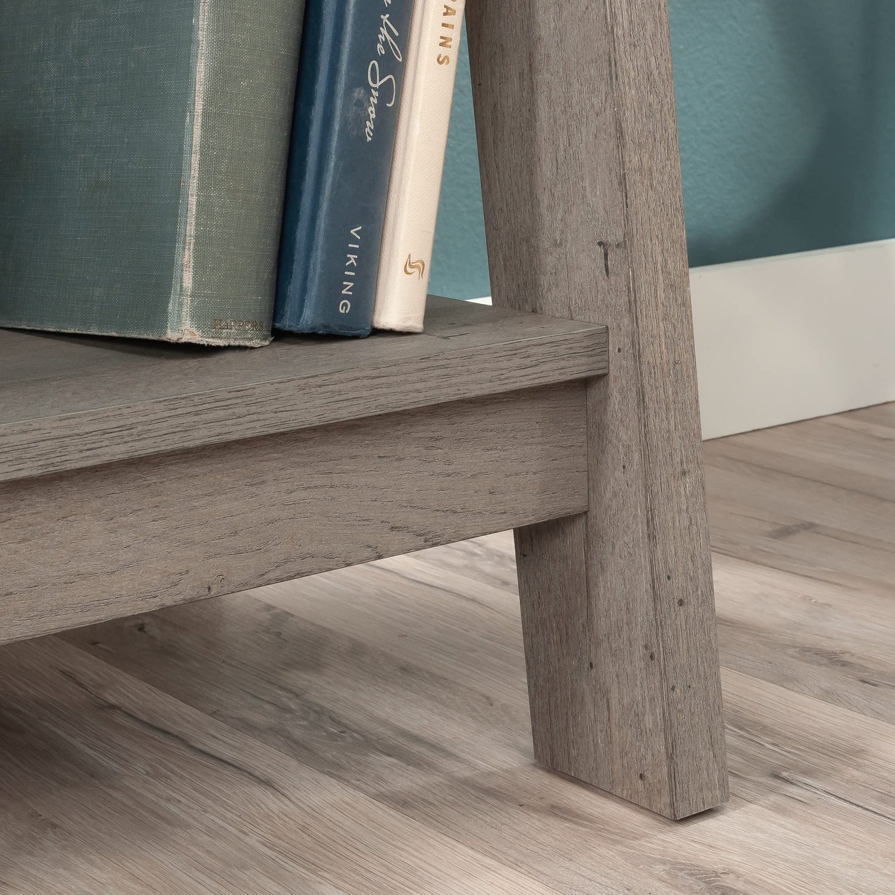 Sauder Ladder Bookshelf 5 Tier Trestle Ladder Shelf Wooden Bookcase, in Jamocha Wood