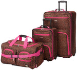 Rockland Vara Softside 3 Piece Upright Luggage Set, Expandable, (20"/28"/22" Rolling Duffel), Pink Leopard