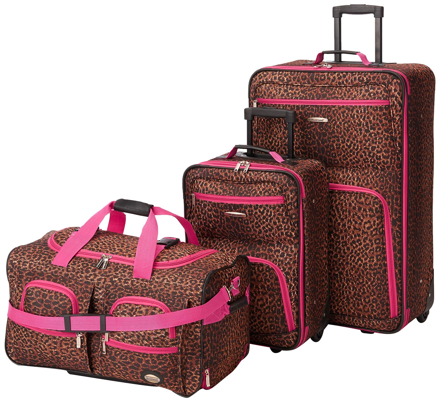 Rockland Vara Softside 3 Piece Upright Luggage Set, Expandable, (20"/28"/22" Rolling Duffel), Pink Leopard