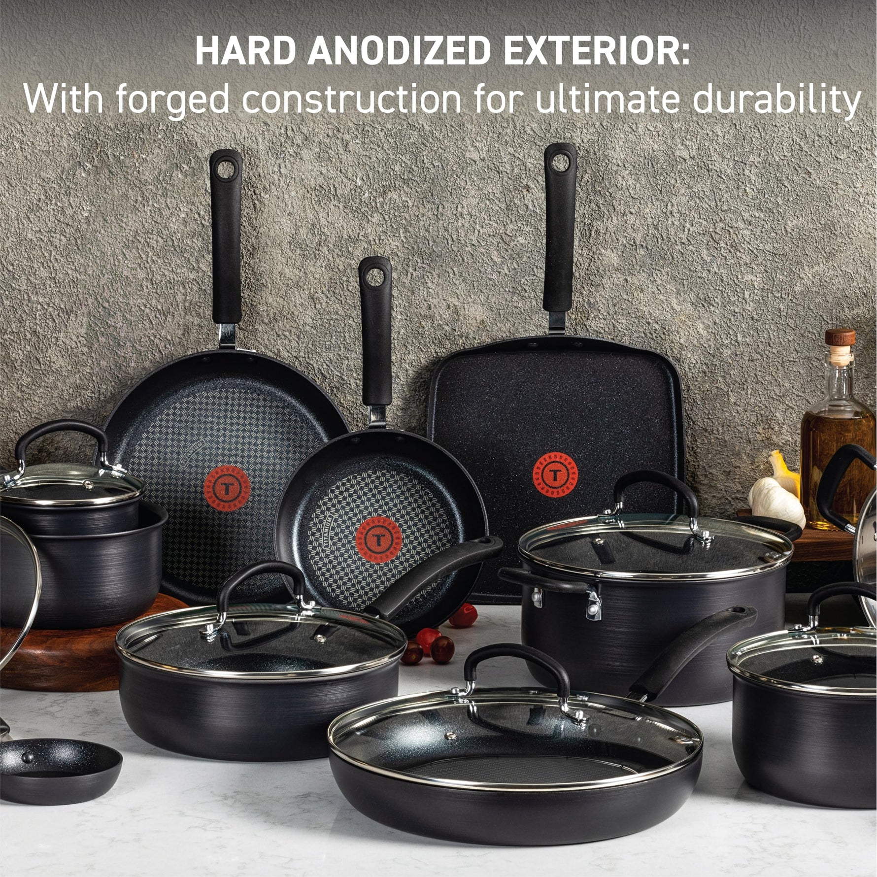 T-fal Ultimate Hard Anodized Nonstick Pots and Pans Set 14 Piece, Oven Broiler Safe 400F, Kitchen Cooking Set w/Fry Pans, Saucepans, Griddle, Dutch Oven, Dishwasher Safe, Cookware, Onyx