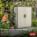 Keter Premier Tall 4.6x5.6 ft Resin Outdoor Storage Shed, Backyard Garden Shed with Shelving Brackets for Tools, Patio Furniture, Pool & Bike Storage, Grey & Black, 62 cu. ft Capacity