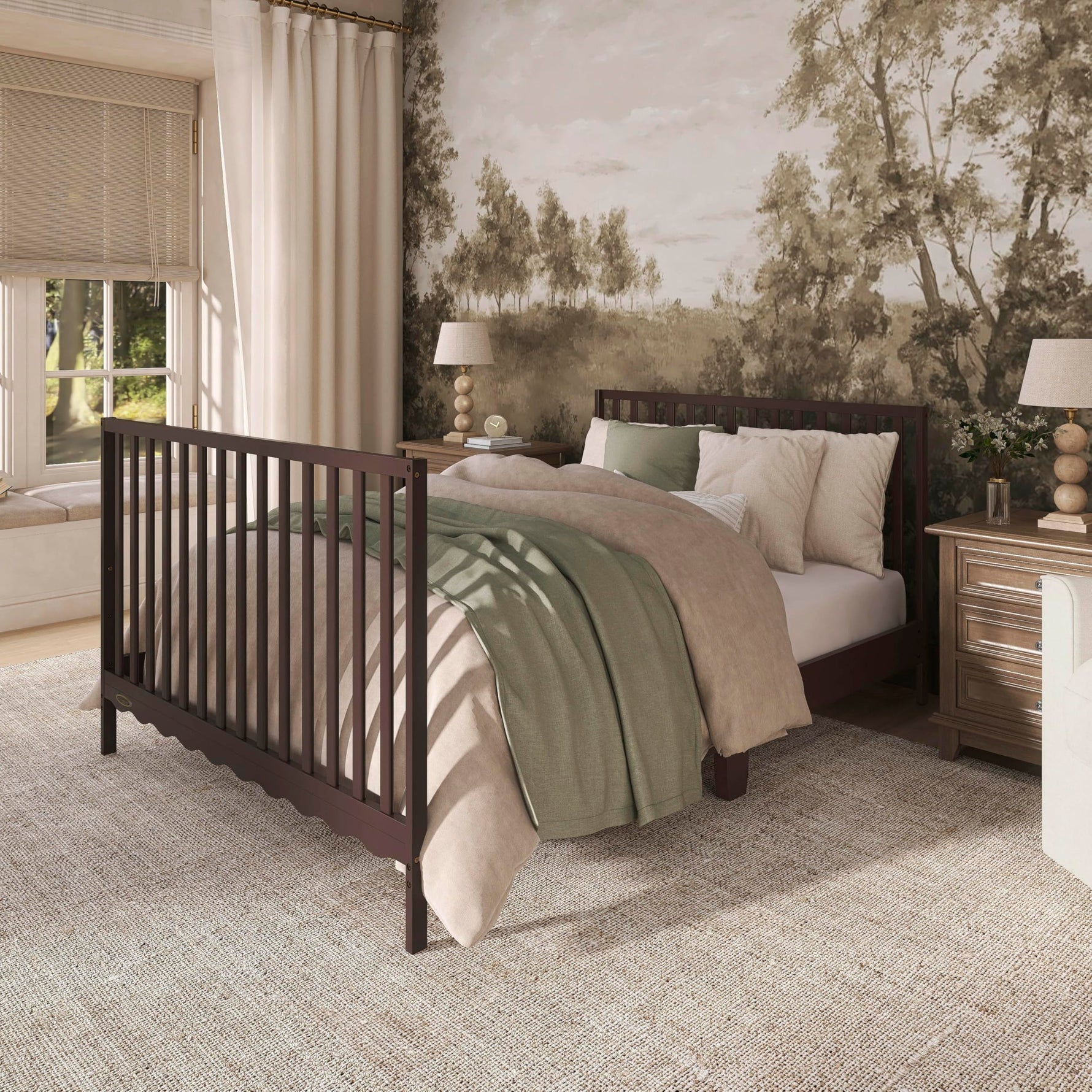 Dream On Me Synergy 5-in-1 Convertible Full-Size Baby Crib with Toddler, Day & Full Bed Conversion in White, GreenGuard Gold & BSA, 3 Mattress Heights, Sustainable Pinewood