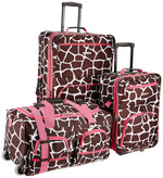 Rockland Vara Softside 3 Piece Upright Luggage Set, Expandable, (20"/28"/22" Rolling Duffel), Pink Leopard