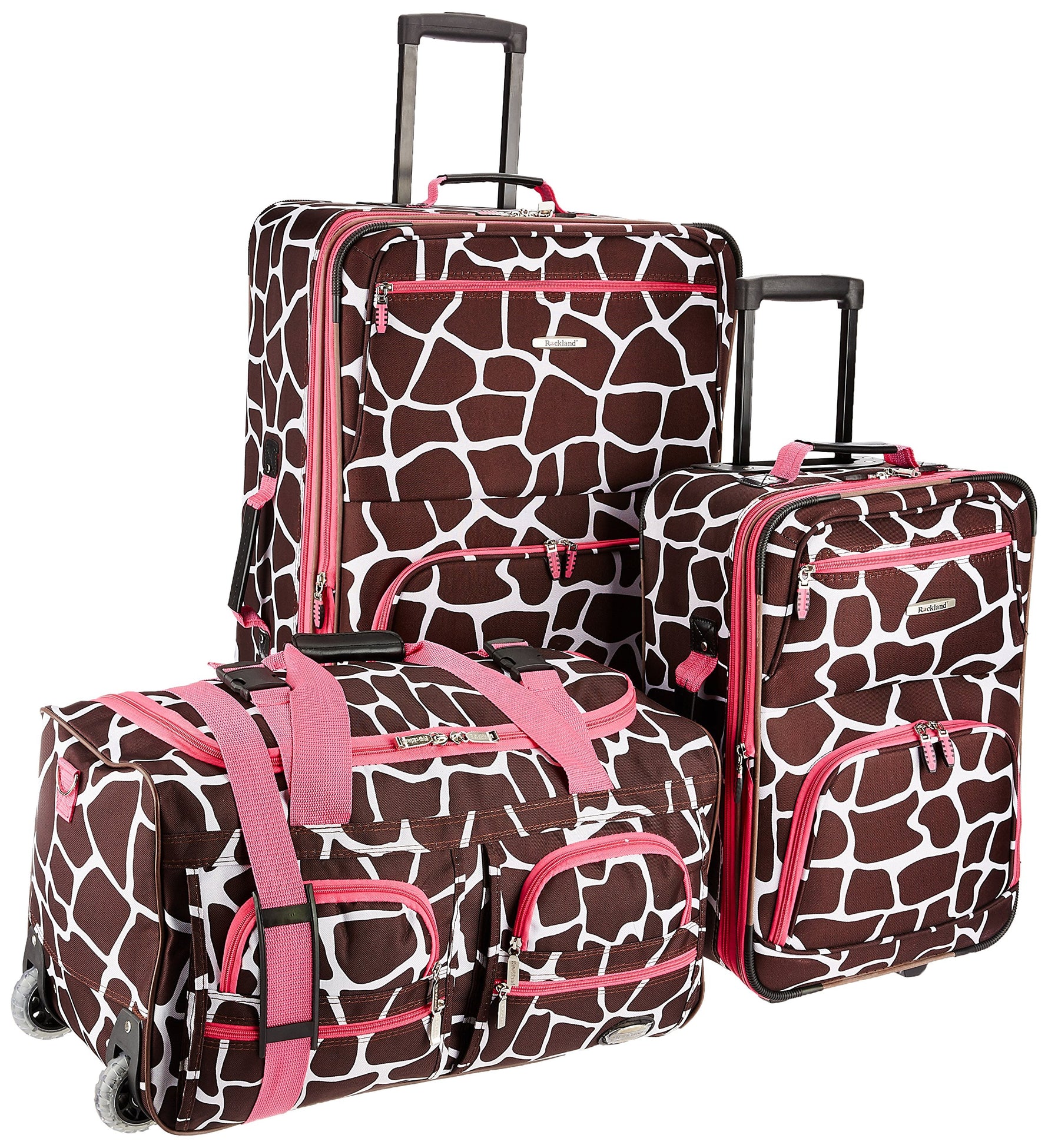 Rockland Vara Softside 3 Piece Upright Luggage Set, Expandable, (20"/28"/22" Rolling Duffel), Pink Leopard