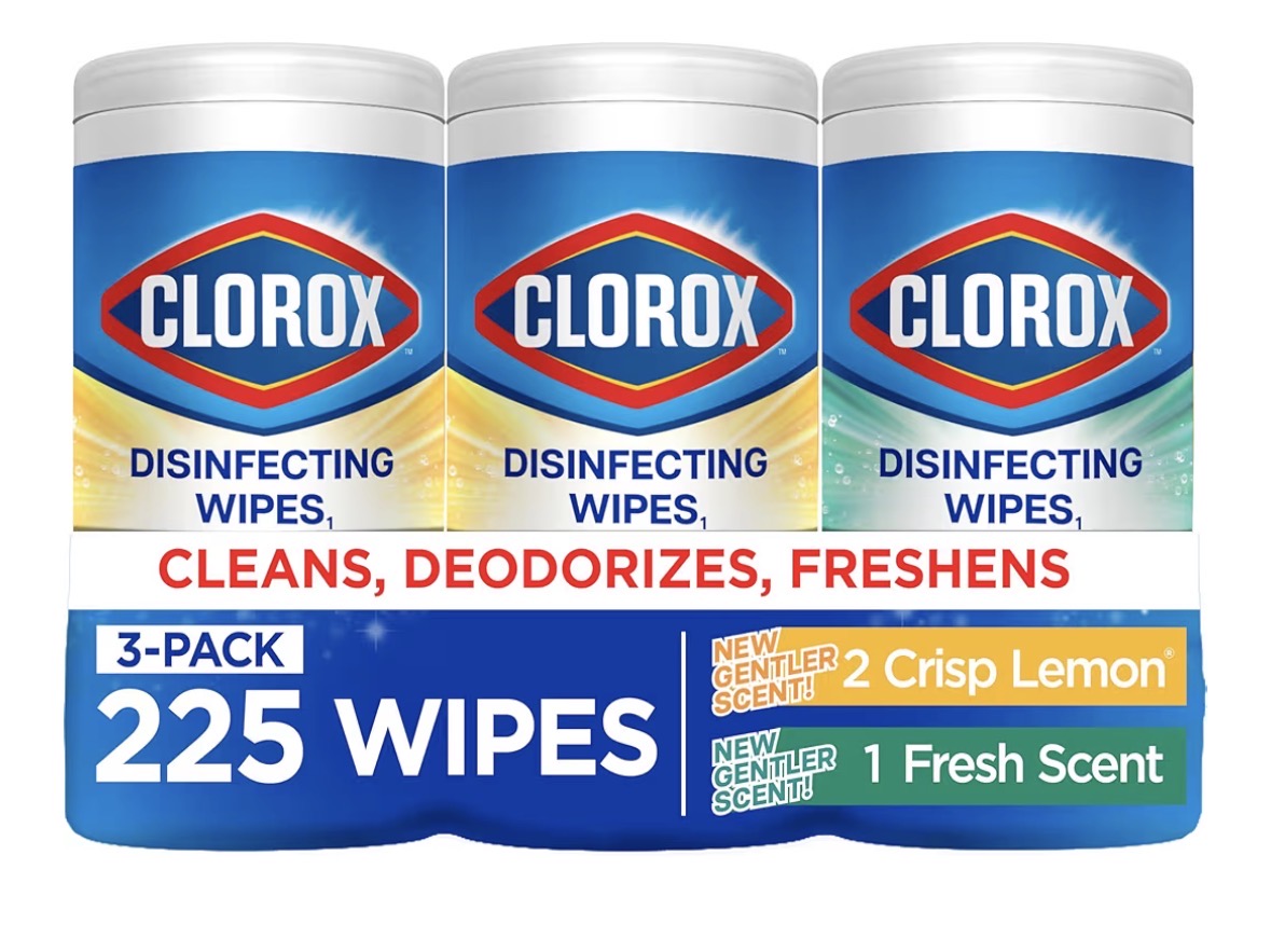 Clorox Disinfecting Cleaning Wipes for Spring Cleaning & Allergy Season, Bleach Free, Fresh Scent and Crisp Lemon, 75 Count Each, Pack of 3