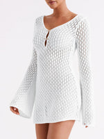 Saodimallsu Womens Crochet Swimsuit Coverup Summer Sexy V Neck Long Bell Sleeve Mesh Knit Bikini Cover Ups Beach Dresses