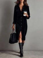 Turn-Down Collar Buttons Chic Casual Dress, Women Spring Autumn Solid Simple Party Dress, Long Sleeve Holiday Ladies Dress