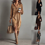 Turn-Down Collar Buttons Chic Casual Dress, Women Spring Autumn Solid Simple Party Dress, Long Sleeve Holiday Ladies Dress