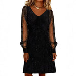 Elegant Women Dress V Neck Shiny And Glowing Mesh Sleeve Mini Dresses For Women Autumn Winter Party Dress Black Evening Dress